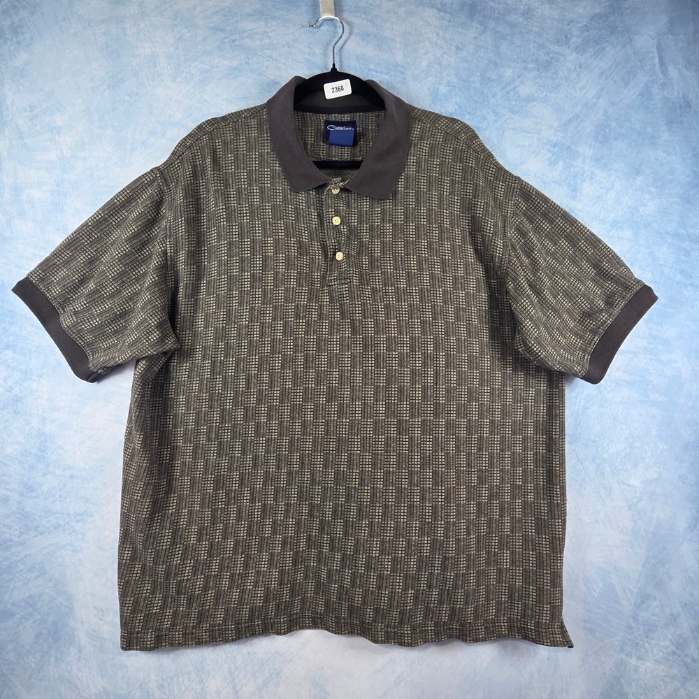Catalina‎ Mens XL Short Sleeve Polo Shirt Brown Geometric Grid Cotton Blend